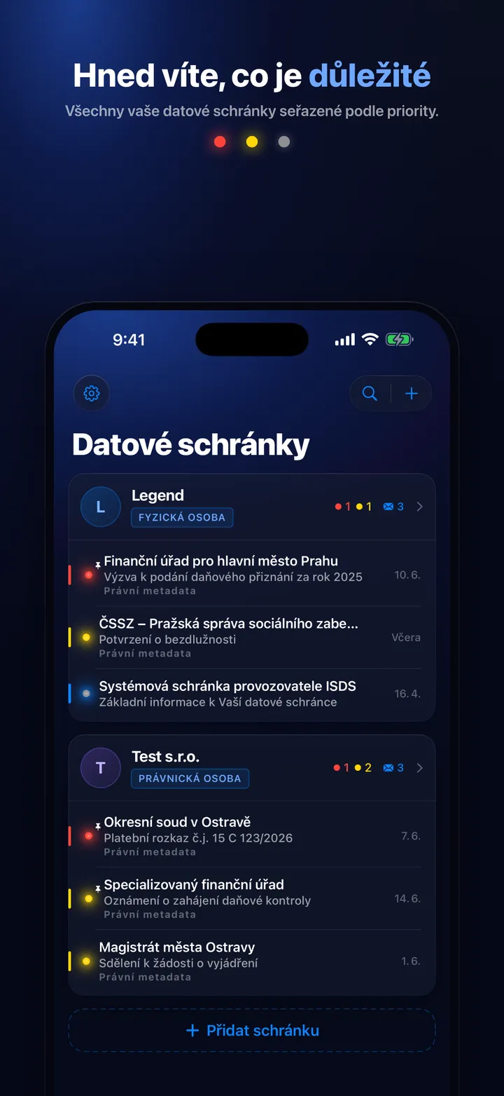 Přehled datových schránek seřazený podle priority