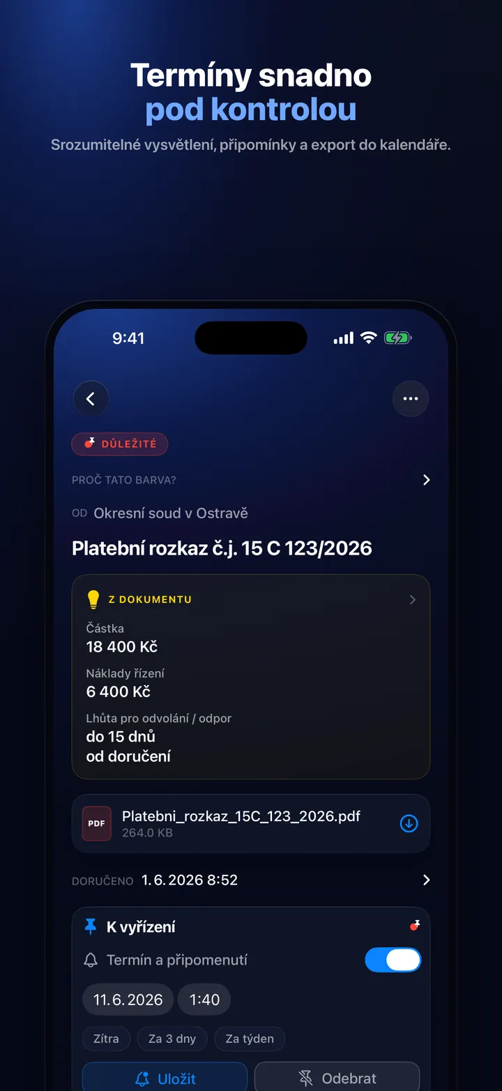 Termíny, částky a lhůty vytažené přímo z dokumentu